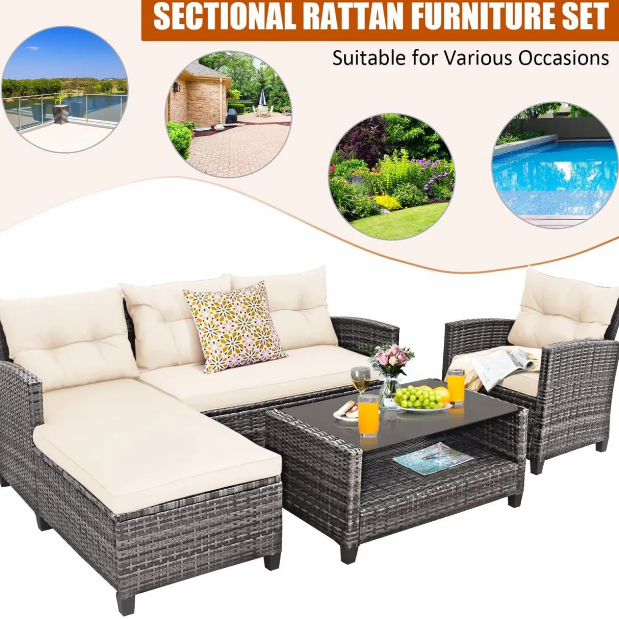 Tangkula 4 Pieces Rattan Conversation Set, Patiojoy Outdoor Furniture Set with Cushions, Lounge Sofa Set with Coffee Table