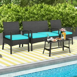 Tangkula 4 Pieces Rattan Conversation Set, Patio Sofa Couch Set with Tempered Glass Coffee Table