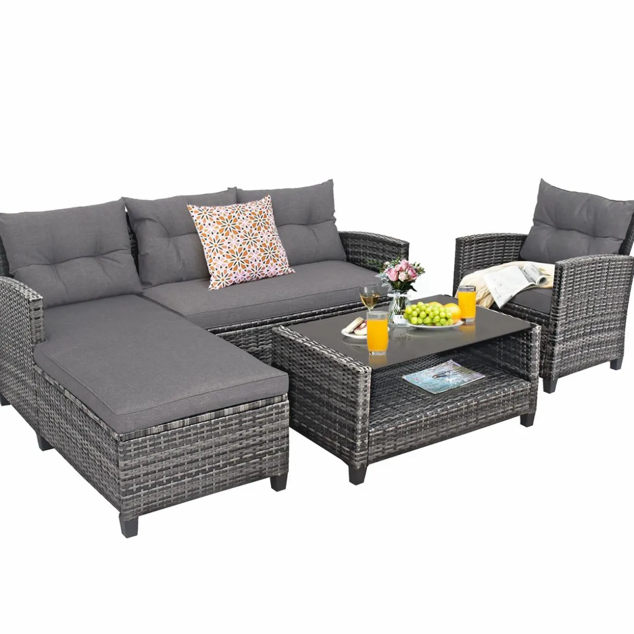 Tangkula 4 Pieces Rattan Conversation Set, Patiojoy Outdoor Furniture Set with Cushions, Lounge Sofa Set with Coffee Table