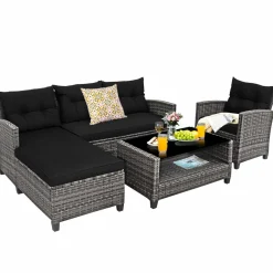 Tangkula 4 Pieces Rattan Conversation Set, Patiojoy Outdoor Furniture Set with Cushions, Lounge Sofa Set with Coffee Table
