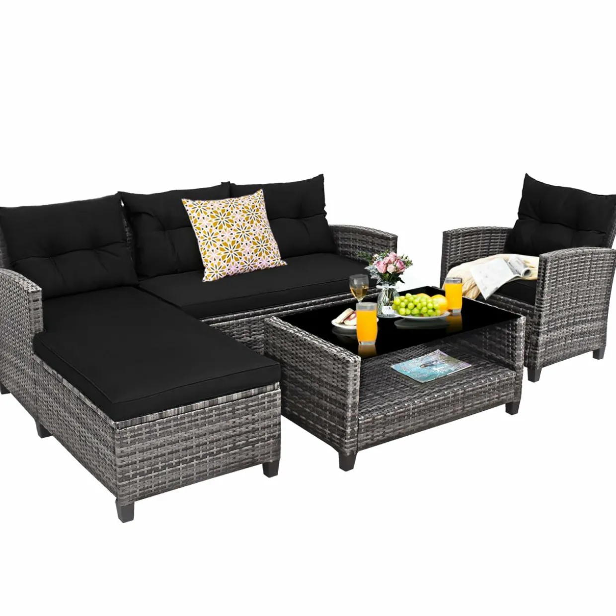Tangkula 4 Pieces Rattan Conversation Set, Patiojoy Outdoor Furniture Set with Cushions, Lounge Sofa Set with Coffee Table