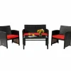 Tangkula 4 Pieces Rattan Furniture Set, Outdoor Conversation Set w/Chair & Loveseat & Tempered Glass Coffee Table