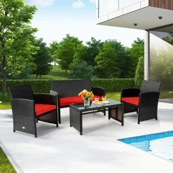 Tangkula 4 Pieces Rattan Furniture Set, Outdoor Conversation Set w/Chair & Loveseat & Tempered Glass Coffee Table