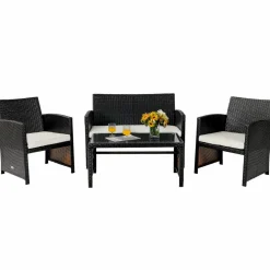 Tangkula 4 Pieces Rattan Furniture Set, Outdoor Conversation Set w/Chair & Loveseat & Tempered Glass Coffee Table