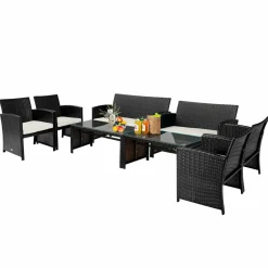 Tangkula 4 Pieces Rattan Furniture Set, Outdoor Conversation Set w/Chair & Loveseat & Tempered Glass Coffee Table
