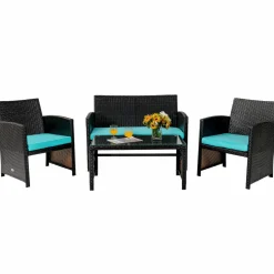 Tangkula 4 Pieces Rattan Furniture Set, Outdoor Conversation Set w/Chair & Loveseat & Tempered Glass Coffee Table