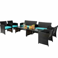 Tangkula 4 Pieces Rattan Furniture Set, Outdoor Conversation Set w/Chair & Loveseat & Tempered Glass Coffee Table