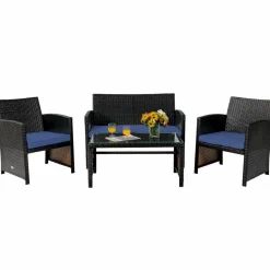 Tangkula 4 Pieces Rattan Furniture Set, Outdoor Conversation Set w/Chair & Loveseat & Tempered Glass Coffee Table