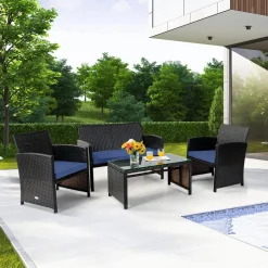 Tangkula 4 Pieces Rattan Furniture Set, Outdoor Conversation Set w/Chair & Loveseat & Tempered Glass Coffee Table