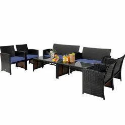 Tangkula 4 Pieces Rattan Furniture Set, Outdoor Conversation Set w/Chair & Loveseat & Tempered Glass Coffee Table
