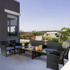 Tangkula 4 Pieces Rattan Furniture Set, Outdoor Conversation Set w/Chair & Loveseat & Tempered Glass Coffee Table