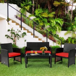 Tangkula 4 Pieces Rattan Furniture Set, Outdoor Conversation Set w/Chair & Loveseat & Tempered Glass Coffee Table