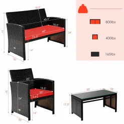 Tangkula 4 Pieces Rattan Furniture Set, Outdoor Conversation Set w/Chair & Loveseat & Tempered Glass Coffee Table