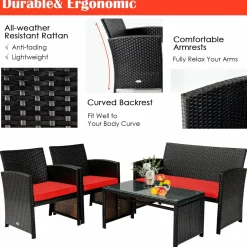 Tangkula 4 Pieces Rattan Furniture Set, Outdoor Conversation Set w/Chair & Loveseat & Tempered Glass Coffee Table
