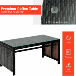 Tangkula 4 Pieces Rattan Furniture Set, Outdoor Conversation Set w/Chair & Loveseat & Tempered Glass Coffee Table
