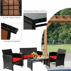 Tangkula 4 Pieces Rattan Furniture Set, Outdoor Conversation Set w/Chair & Loveseat & Tempered Glass Coffee Table
