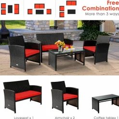 Tangkula 4 Pieces Rattan Furniture Set, Outdoor Conversation Set w/Chair & Loveseat & Tempered Glass Coffee Table
