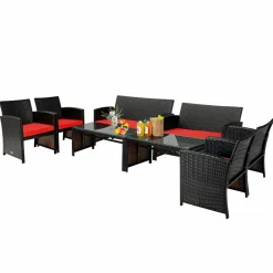 Tangkula 4 Pieces Rattan Furniture Set, Outdoor Conversation Set w/Chair & Loveseat & Tempered Glass Coffee Table