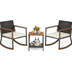 Tangkula 3 Pieces Rocking Bistro Set, Outdoor Rocker Chair with Coffee Table & Cushions
