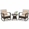Tangkula 3 Pieces Rocking Bistro Set, Patiojoy Outdoor PE Rattan Rocker Chairs with Removable Cushions & Tempered Glass Top Coffee Table