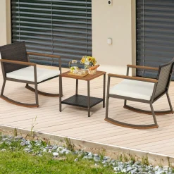 Tangkula 3 Pieces Rocking Bistro Set, Outdoor Rocker Chair with Coffee Table & Cushions
