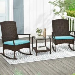 Tangkula 3 Pieces Rocking Wicker Bistro Set, Outdoor Front Porch Rocker Chairs Conversation Set