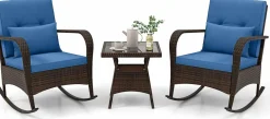 Tangkula 3 Pieces Rocking Bistro Set, Patiojoy Outdoor PE Rattan Rocker Chairs with Removable Cushions & Tempered Glass Top Coffee Table