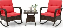 Tangkula 3 Pieces Rocking Bistro Set, Patiojoy Outdoor PE Rattan Rocker Chairs with Removable Cushions & Tempered Glass Top Coffee Table