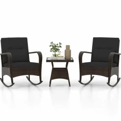 Tangkula 3 Pieces Rocking Bistro Set, Patiojoy Outdoor PE Rattan Rocker Chairs with Removable Cushions & Tempered Glass Top Coffee Table