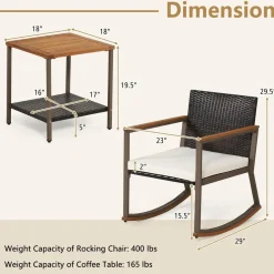 Tangkula 3 Pieces Rocking Bistro Set, Outdoor Rocker Chair with Coffee Table & Cushions