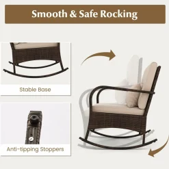 Tangkula 3 Pieces Rocking Bistro Set, Patiojoy Outdoor PE Rattan Rocker Chairs with Removable Cushions & Tempered Glass Top Coffee Table