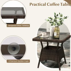 Tangkula 3 Pieces Rocking Bistro Set, Patiojoy Outdoor PE Rattan Rocker Chairs with Removable Cushions & Tempered Glass Top Coffee Table