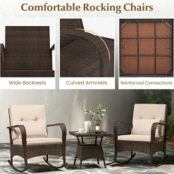 Tangkula 3 Pieces Rocking Bistro Set, Patiojoy Outdoor PE Rattan Rocker Chairs with Removable Cushions & Tempered Glass Top Coffee Table