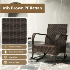 Tangkula 3 Pieces Rocking Bistro Set, Patiojoy Outdoor PE Rattan Rocker Chairs with Removable Cushions & Tempered Glass Top Coffee Table