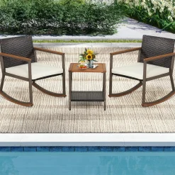 Tangkula 3 Pieces Rocking Bistro Set, Outdoor Rocker Chair with Coffee Table & Cushions