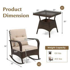 Tangkula 3 Pieces Rocking Bistro Set, Patiojoy Outdoor PE Rattan Rocker Chairs with Removable Cushions & Tempered Glass Top Coffee Table