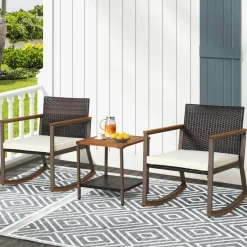 Tangkula 3 Pieces Rocking Bistro Set, Outdoor Rocker Chair with Coffee Table & Cushions