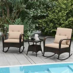 Tangkula 3 Pieces Rocking Bistro Set, Patiojoy Outdoor PE Rattan Rocker Chairs with Removable Cushions & Tempered Glass Top Coffee Table