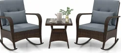 Tangkula 3 Pieces Rocking Bistro Set, Patiojoy Outdoor PE Rattan Rocker Chairs with Removable Cushions & Tempered Glass Top Coffee Table
