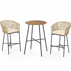 Tangkula 3 Pieces Rope Woven Patio Bar Set, Counter Height Bistro Set w/Soft Cushions