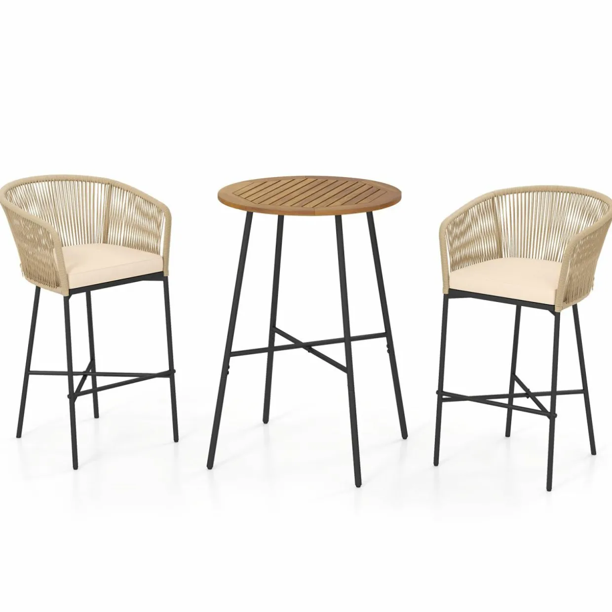 Tangkula 3 Pieces Rope Woven Patio Bar Set, Counter Height Bistro Set w/Soft Cushions