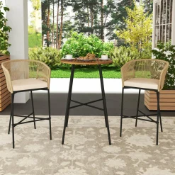 Tangkula 3 Pieces Rope Woven Patio Bar Set, Counter Height Bistro Set w/Soft Cushions