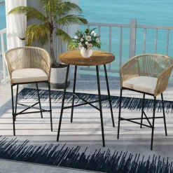 Tangkula 3 Pieces Rope Woven Patio Bar Set, Counter Height Bistro Set w/Soft Cushions