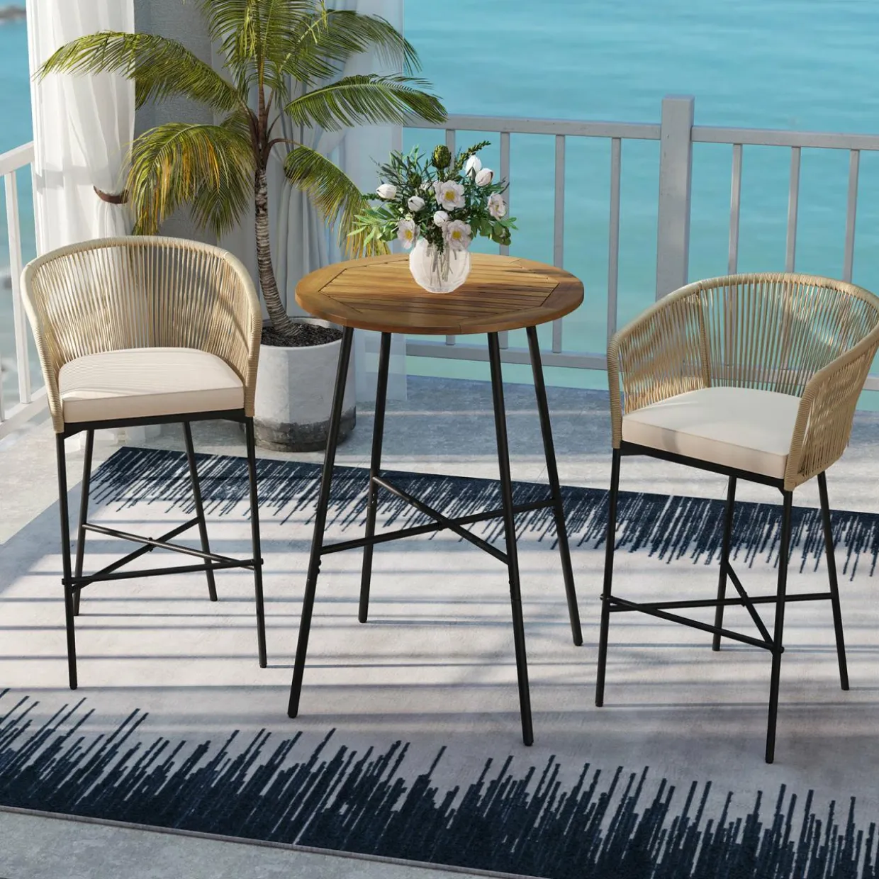 Tangkula 3 Pieces Rope Woven Patio Bar Set, Counter Height Bistro Set w/Soft Cushions