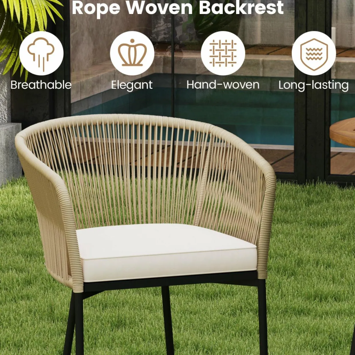 Tangkula 3 Pieces Rope Woven Patio Bar Set, Counter Height Bistro Set w/Soft Cushions