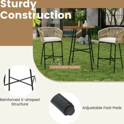 Tangkula 3 Pieces Rope Woven Patio Bar Set, Counter Height Bistro Set w/Soft Cushions