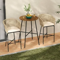 Tangkula 3 Pieces Rope Woven Patio Bar Set, Counter Height Bistro Set w/Soft Cushions