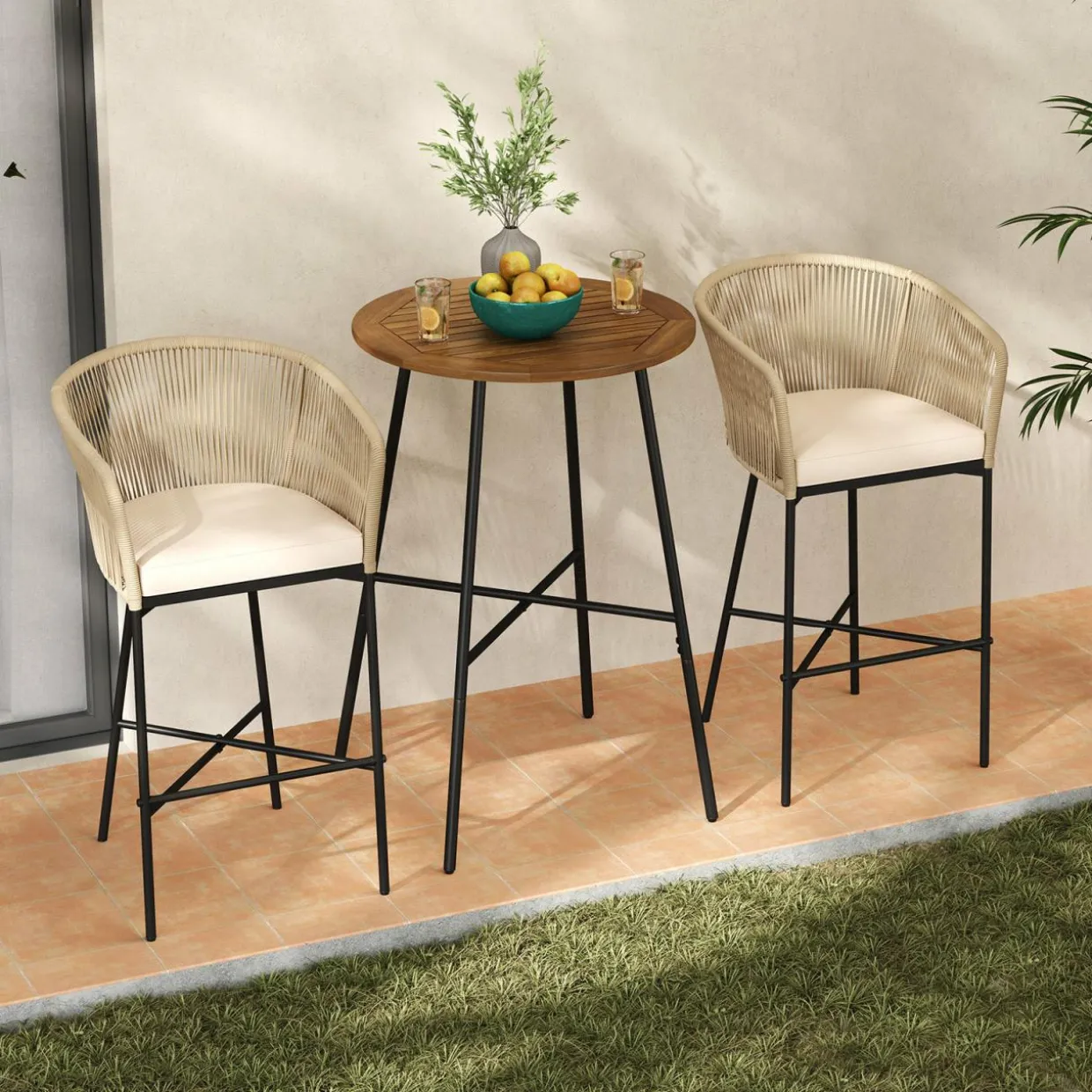 Tangkula 3 Pieces Rope Woven Patio Bar Set, Counter Height Bistro Set w/Soft Cushions