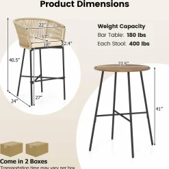 Tangkula 3 Pieces Rope Woven Patio Bar Set, Counter Height Bistro Set w/Soft Cushions