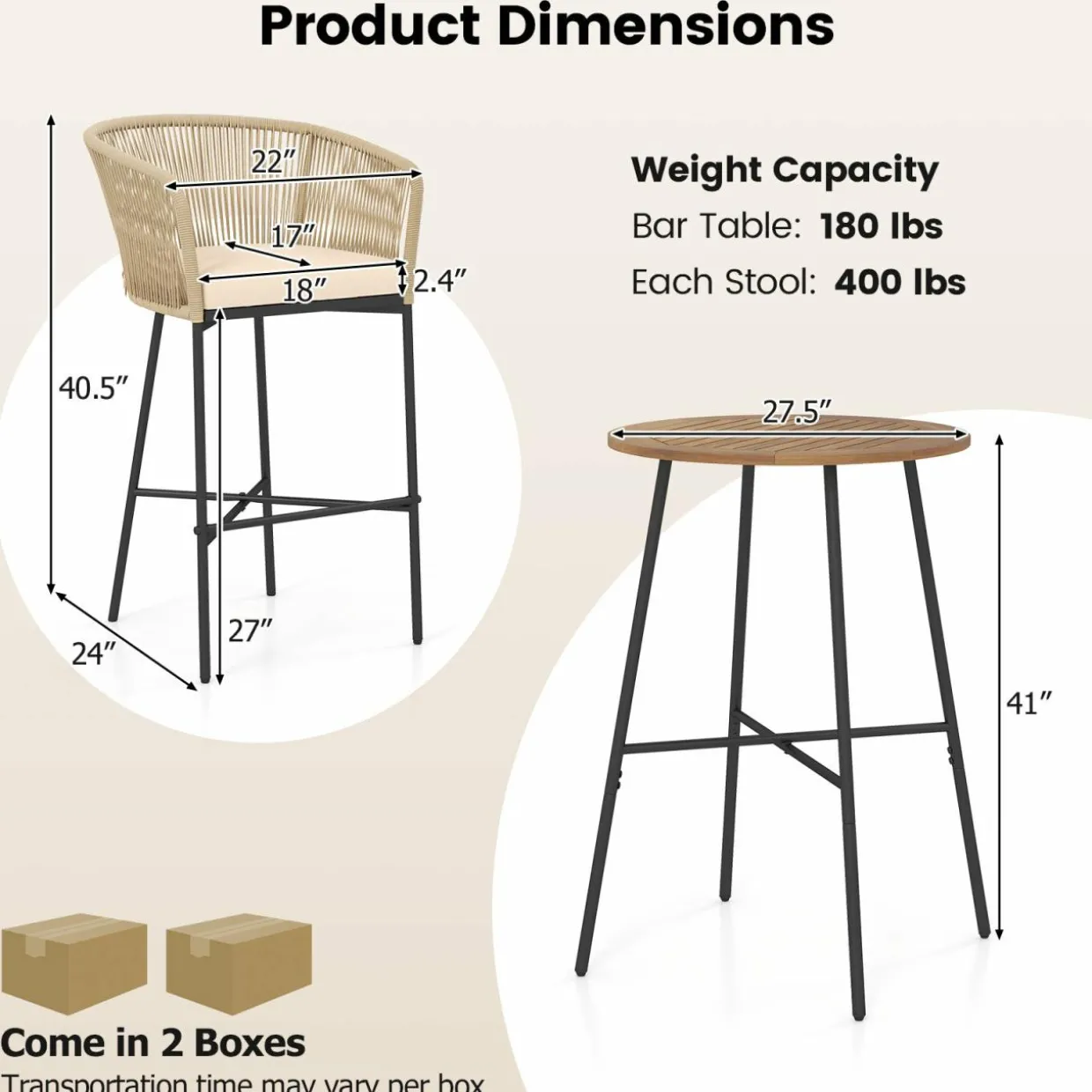 Tangkula 3 Pieces Rope Woven Patio Bar Set, Counter Height Bistro Set w/Soft Cushions
